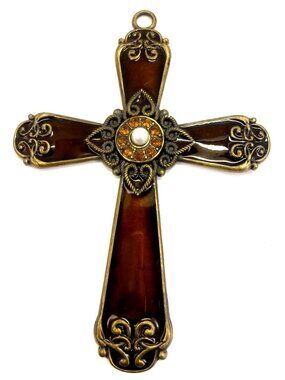Bronze-Tone Decorative Wall Cross With Amber Gemstones & Faux Pearl Center